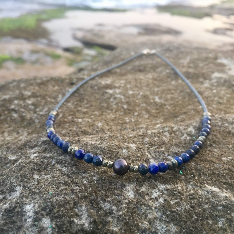Lapis Lazuli, Pyrite & Black Pearl Necklace 