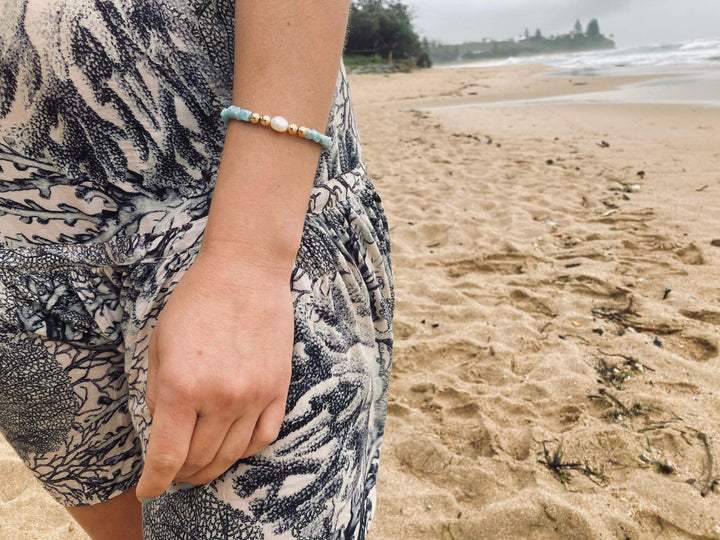 Atlantis Larimar & Pearl Gold Bracelet for healing