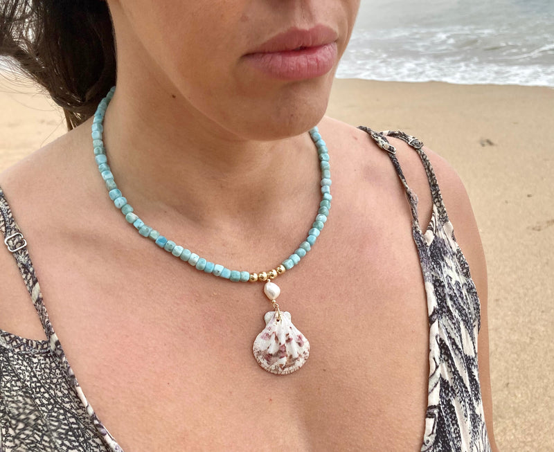 Larimar Pearl & Shell Gold Necklace