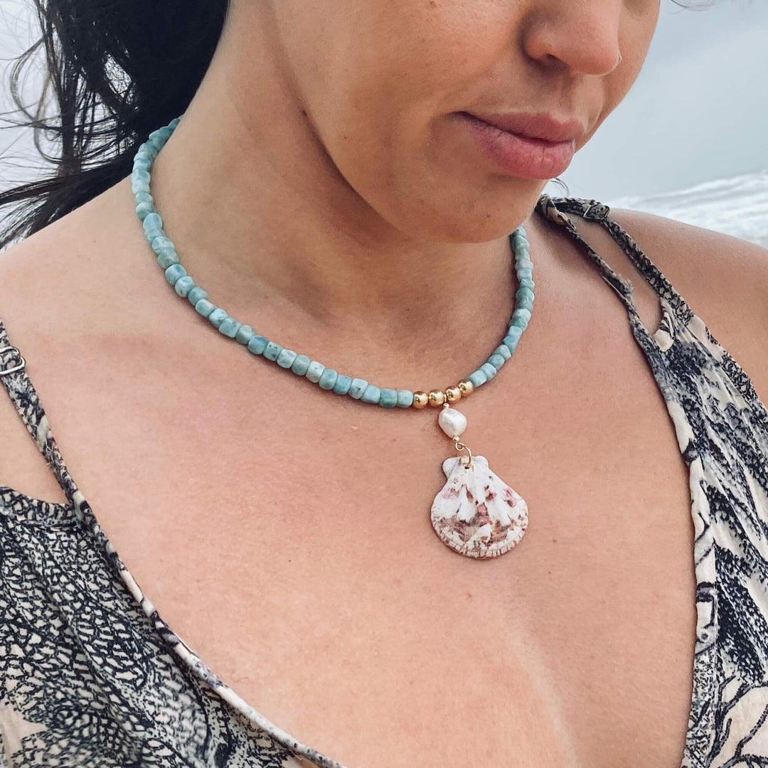 Atlantis Larimar Pearl & Shell Gold healing Necklace