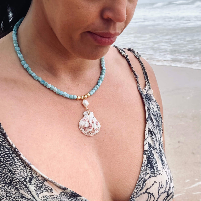Atlantis Larimar Pearl & Shell Gold crystal Necklace