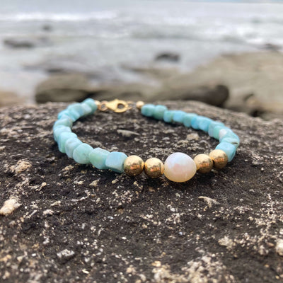 Atlantis Larimar & Pearl Gold Bracelet for healing
