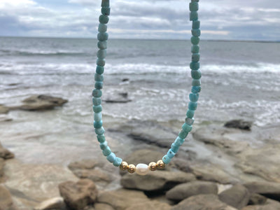 Atlantis Larimar & Pearl Gold Necklace for healing