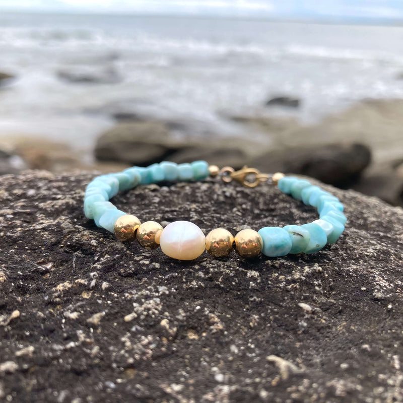 Atlantis Larimar & Pearl Gold healing crystal  Bracelet