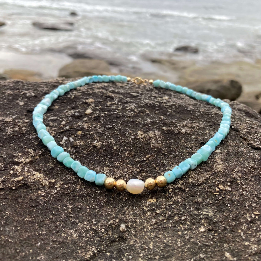 Atlantis Larimar & Pearl Gold ladies healing Necklace