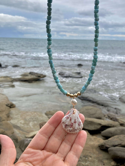 Atlantis Larimar Pearl & Shell Gold Necklace for healing