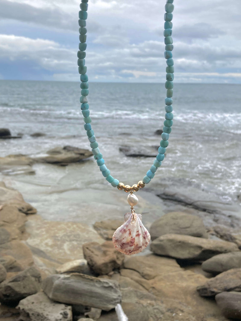 Atlantis Larimar Pearl & Shell Gold healing Necklace