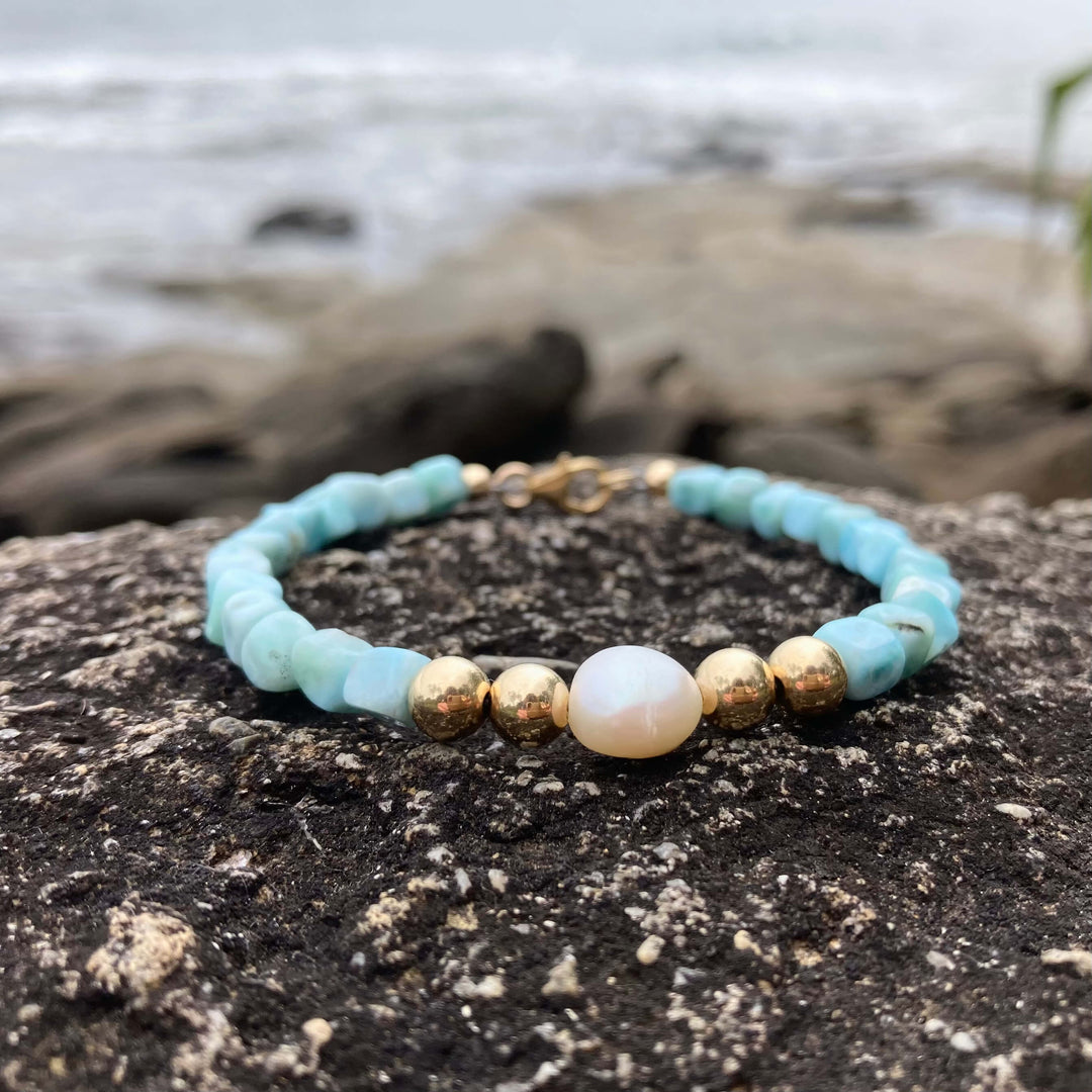 Atlantis Larimar & Pearl Crystal Gold Bracelet