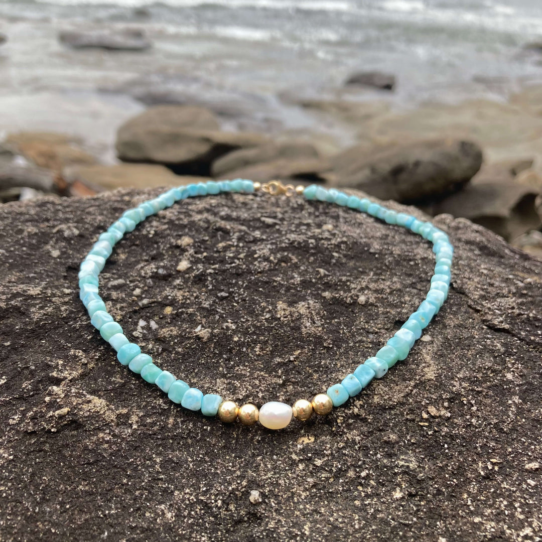 Atlantis Larimar & Pearl crystal Gold Necklace