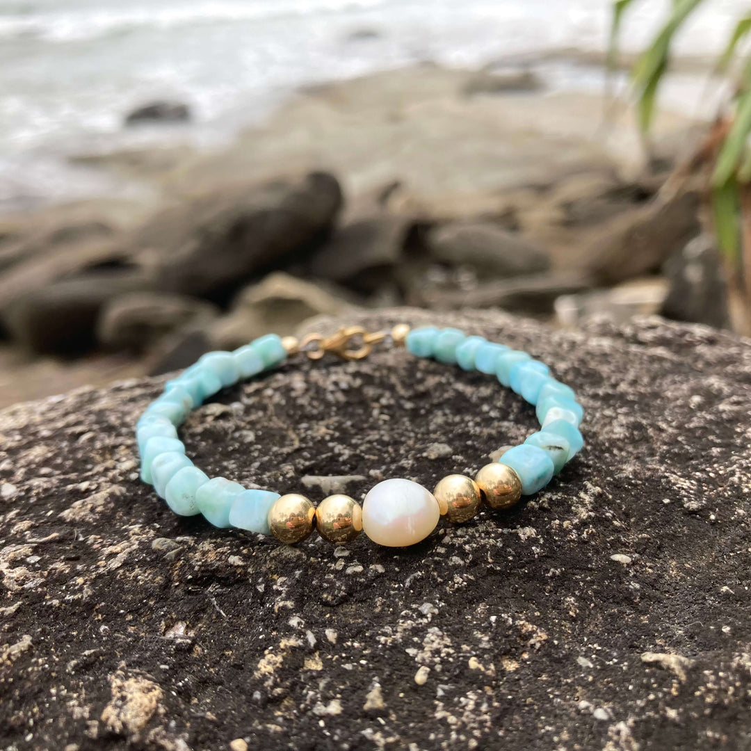 Atlantis Larimar & Pearl healing Gold Bracelet