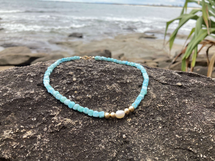 Atlantis Larimar & Pearl healing Gold Necklace