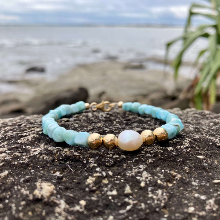 Atlantis Larimar & Pearl  healing crystal Gold Bracelet