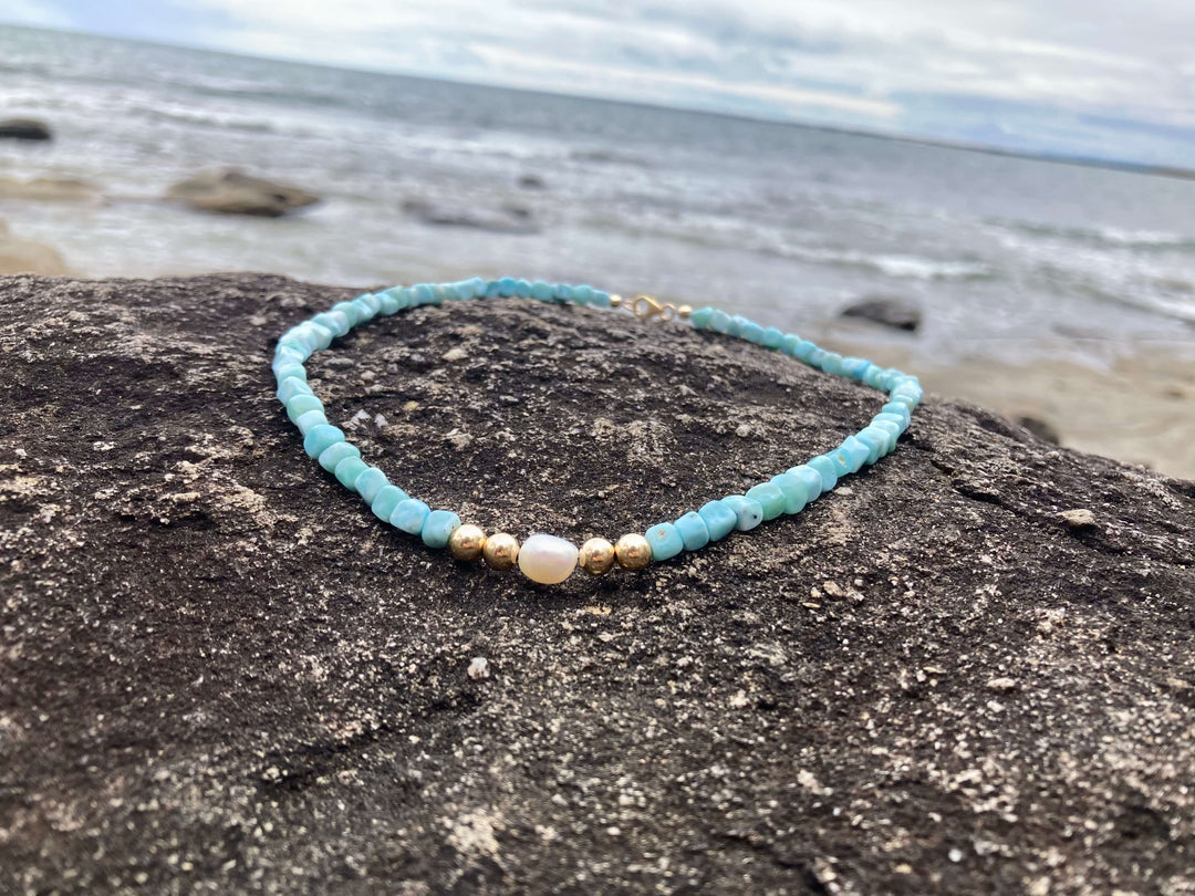 Atlantis Larimar & Pearl ladies Gold Necklace