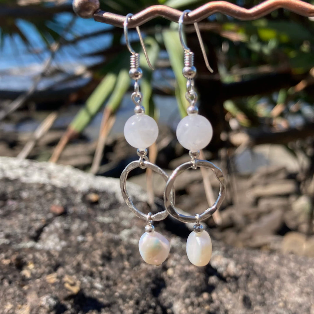 Moonstone & Pearl Pendant Earrings