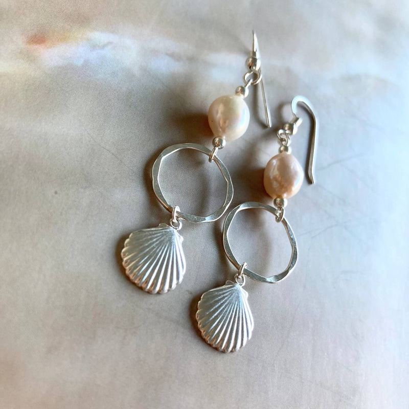 Pearl & sterling silver shell hoop earrings for healing 