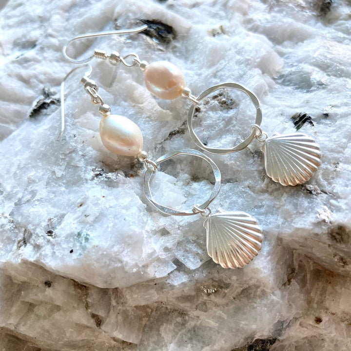 Pearl & sterling silver shell hoop earrings for ladies