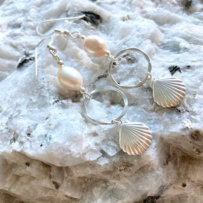 Pearl & sterling silver shell hoop earrings for ladies