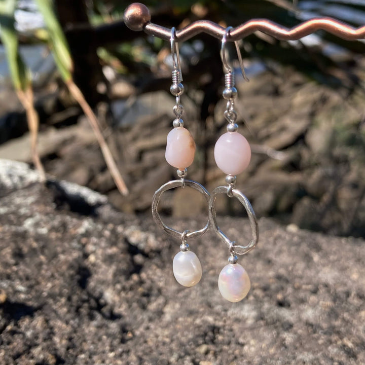 Pink Opal & Pearl Pendant Earrings