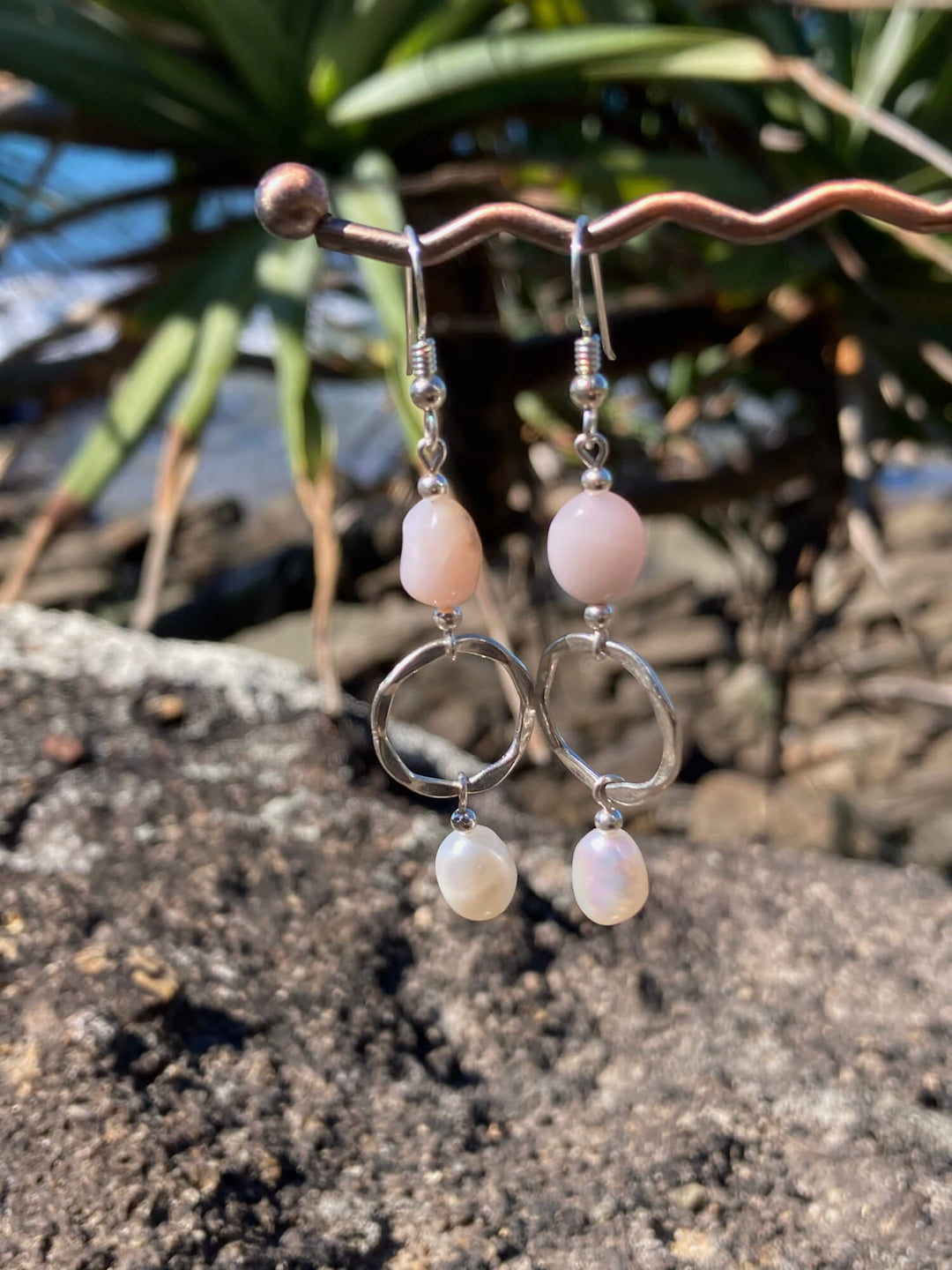 Pink Opal & Pearl Pendant Earrings for healing