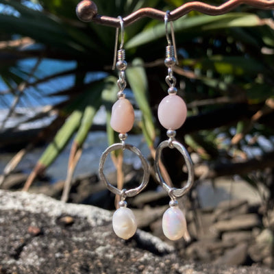 Pink Opal & Pearl Pendant Crystal Earrings