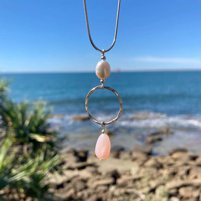 Pink Opal & Pearl Pendant Necklace for support