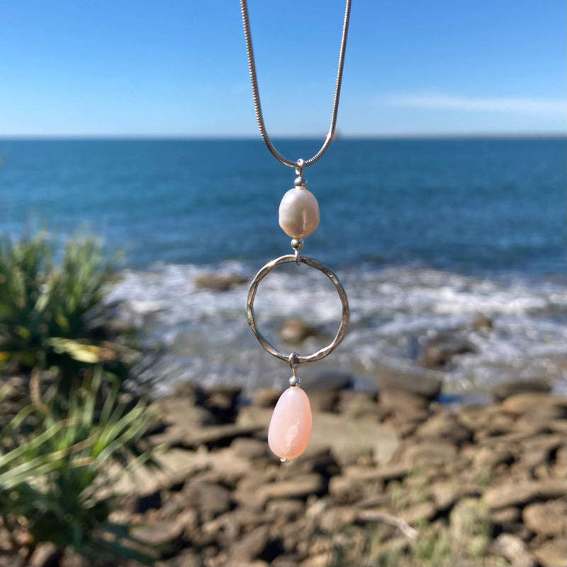 Pink Opal & Pearl Pendant Necklace