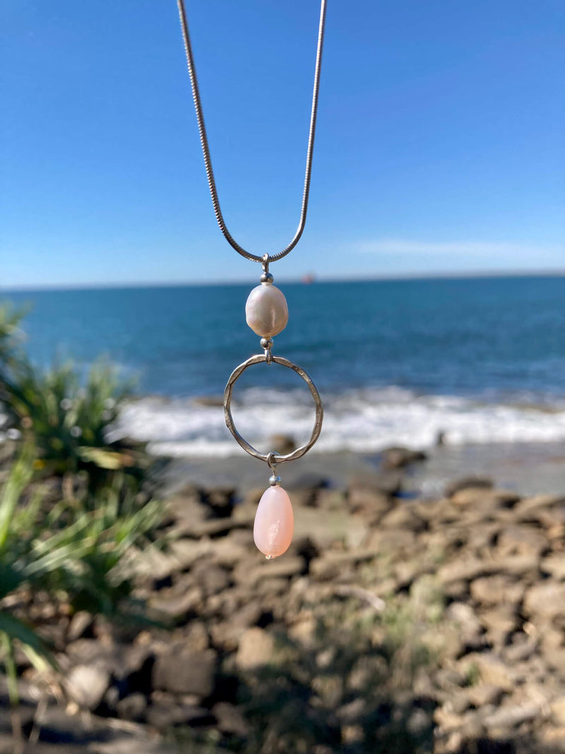 Pink Opal & Pearl Pendant healing crystal Necklace