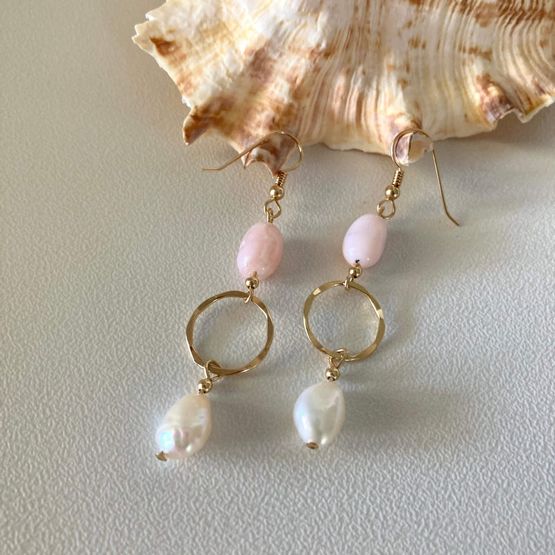 Pink Opal & Pearl Gold Hoop Earrings