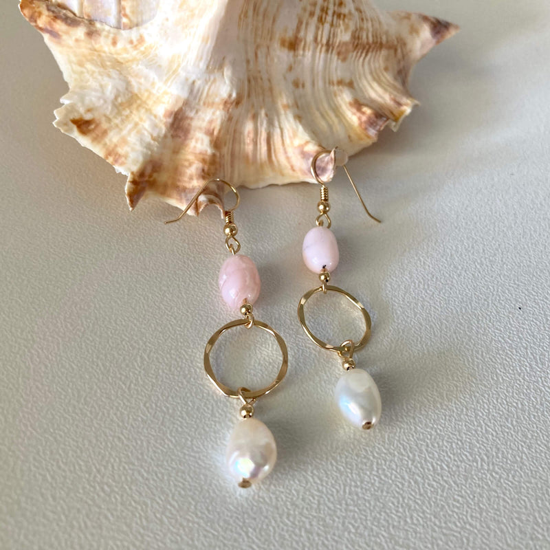 Pink Opal & Pearl Gold Hoop Earrings for ladies
