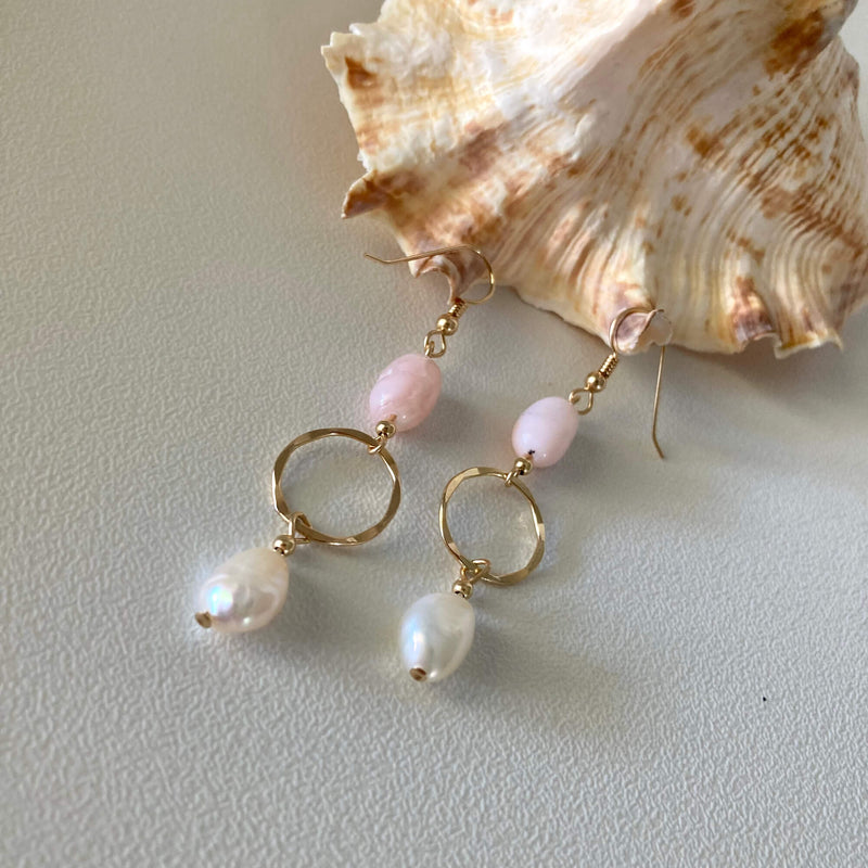 Pink Opal & Pearl Gold Hoop Earrings for women