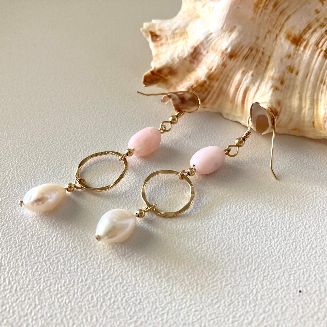 Pink Opal & Pearl Gold Hoop ladies Earrings