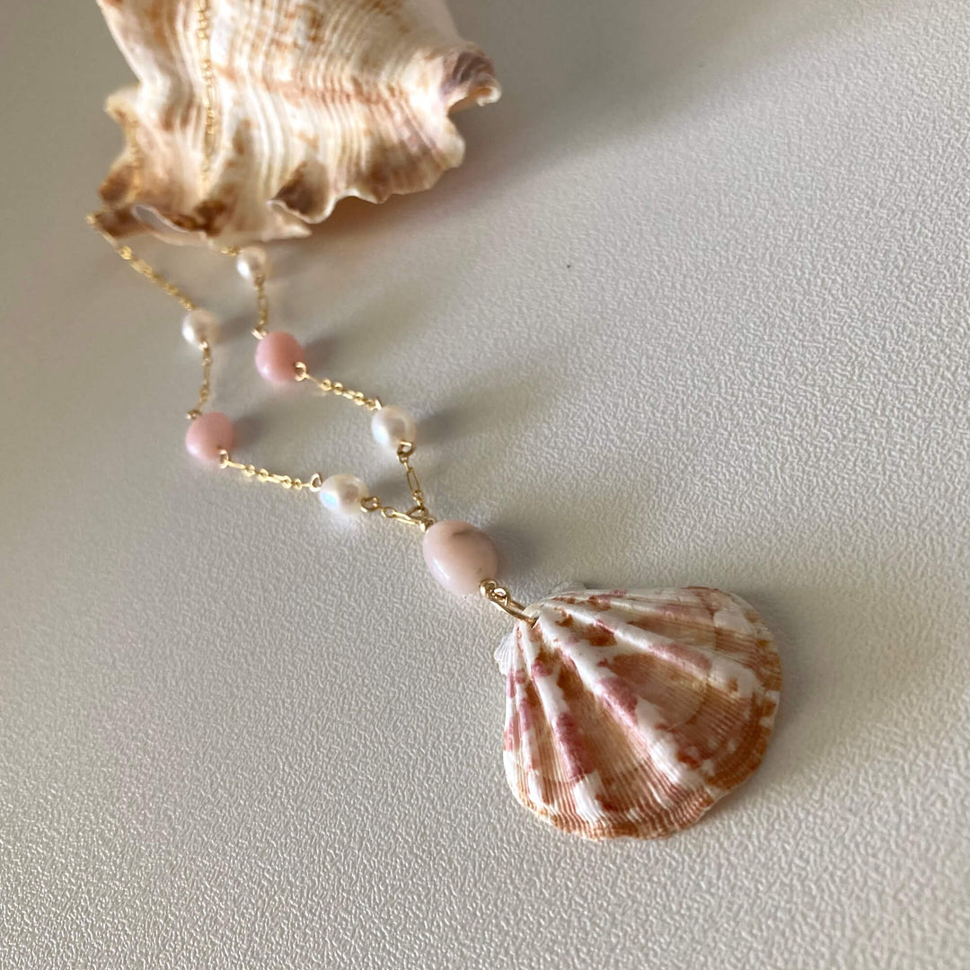 Pink Opal, Pearl & Shell Gold Necklace