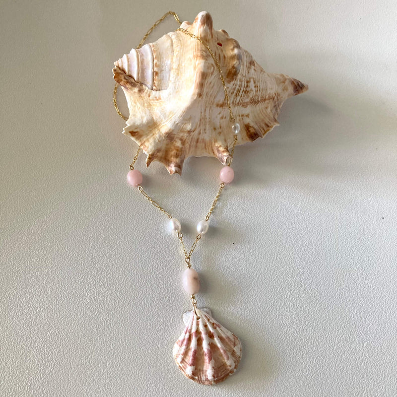 Pink Opal, Pearl & Shell Gold Necklace for healing