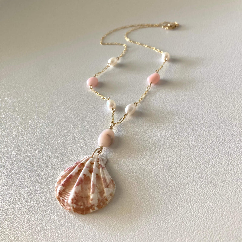 Pink Opal, Pearl & Shell Gold crystal Necklace