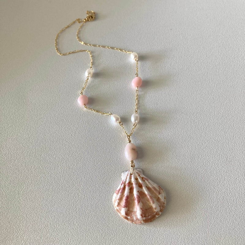 Pink Opal, Pearl & Shell Gold healing crystal Necklace