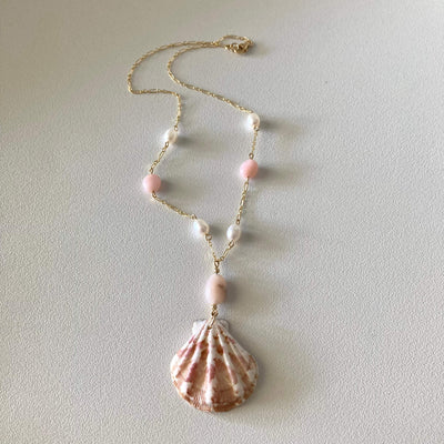 Pink Opal, Pearl & Shell Gold ladies Necklace