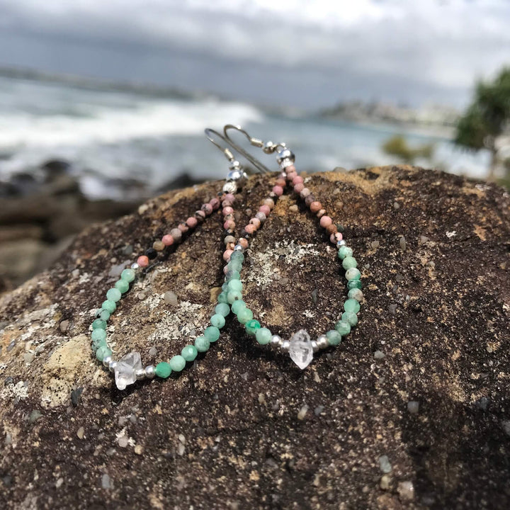 Rhodonite, Emerald & Herkimer Diamond Earrings