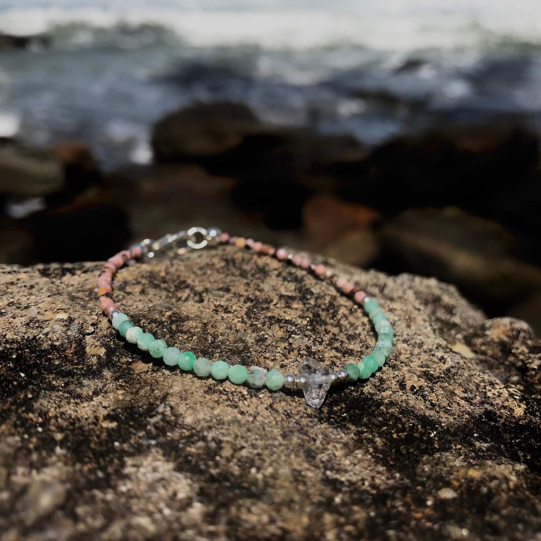 Rhodonite, Emerald & Herkimer Diamond bracelet