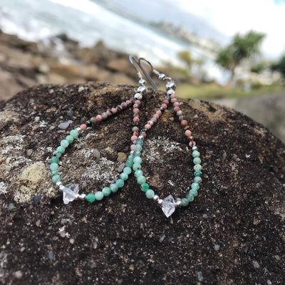 Rhodonite, Emerald & Herkimer Diamond crystal Earrings