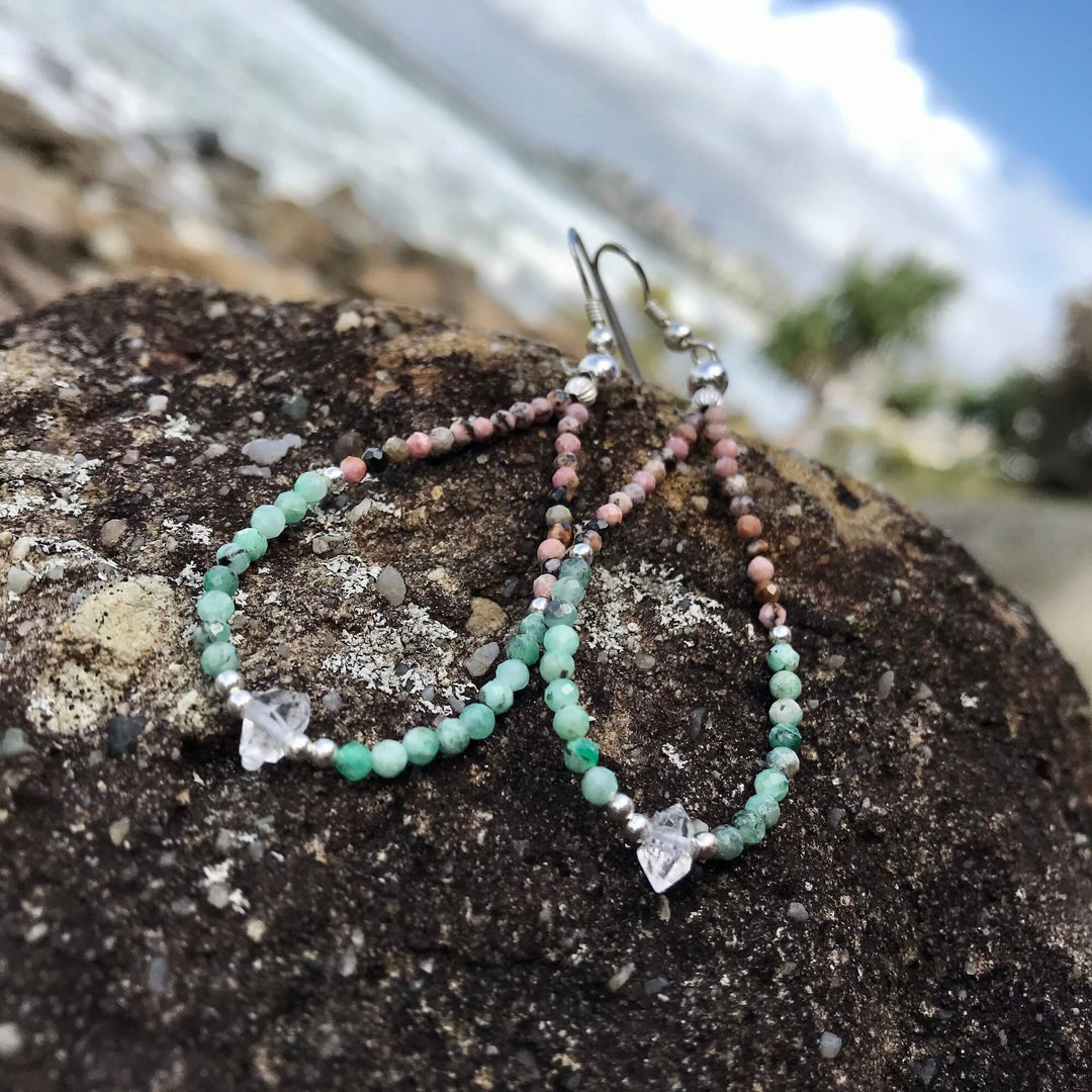 Rhodonite, Emerald & Herkimer Diamond healing Earrings