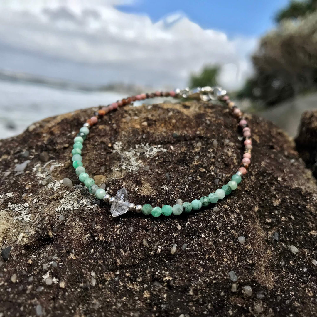 Rhodonite, Emerald & Herkimer Diamond healing crystal Bracelet