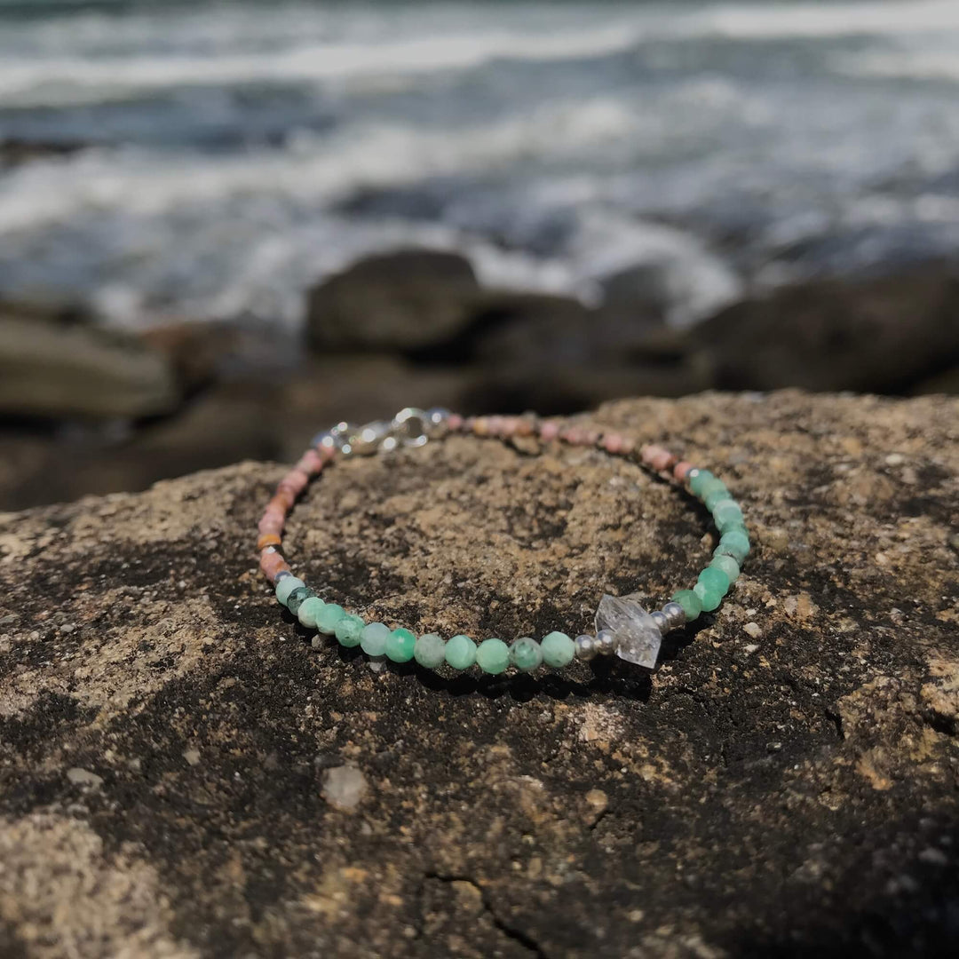 Rhodonite, Emerald & Herkimer Diamond ladies bracelet