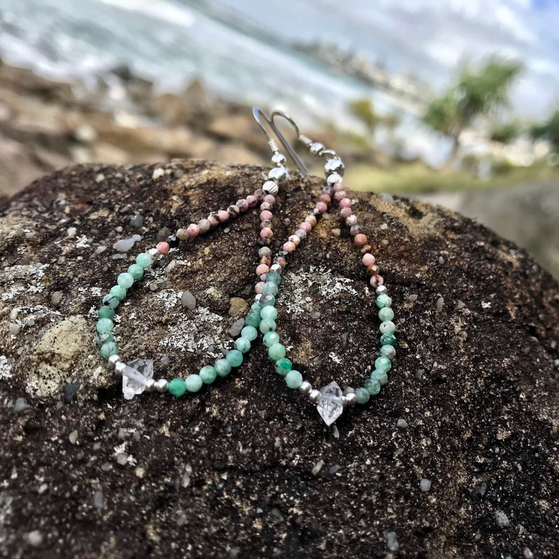 Rhodonite, Emerald & Herkimer Diamond ladies crystal Earrings