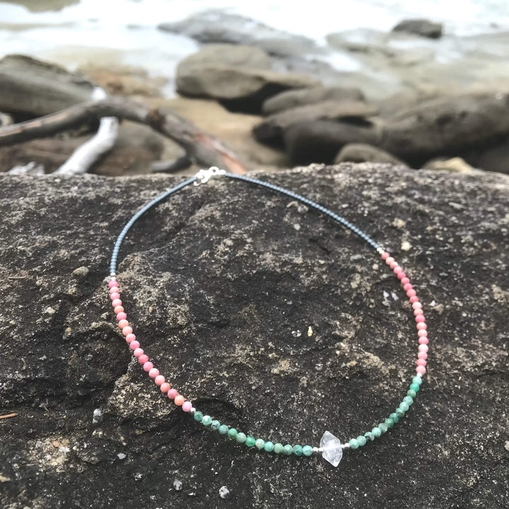 Rhodonite Emerald and Herkimer Necklace for comfort