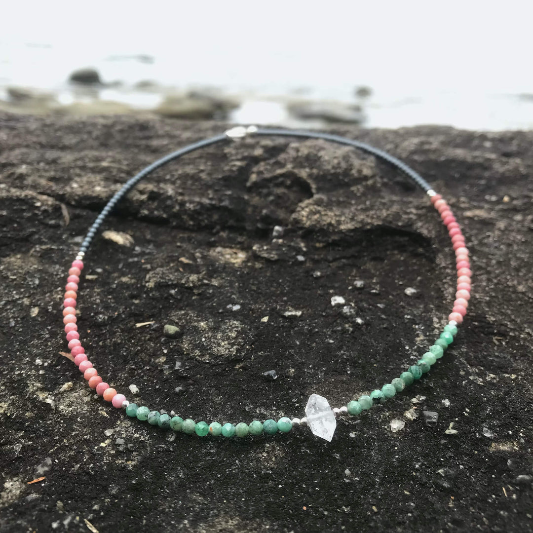 Rhodonite Emerald and Herkimer Necklace