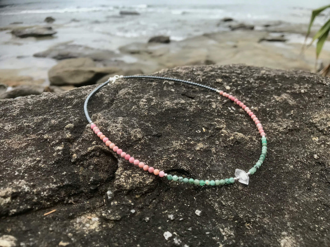 Rhodonite Emerald and Herkimer crystal Necklace