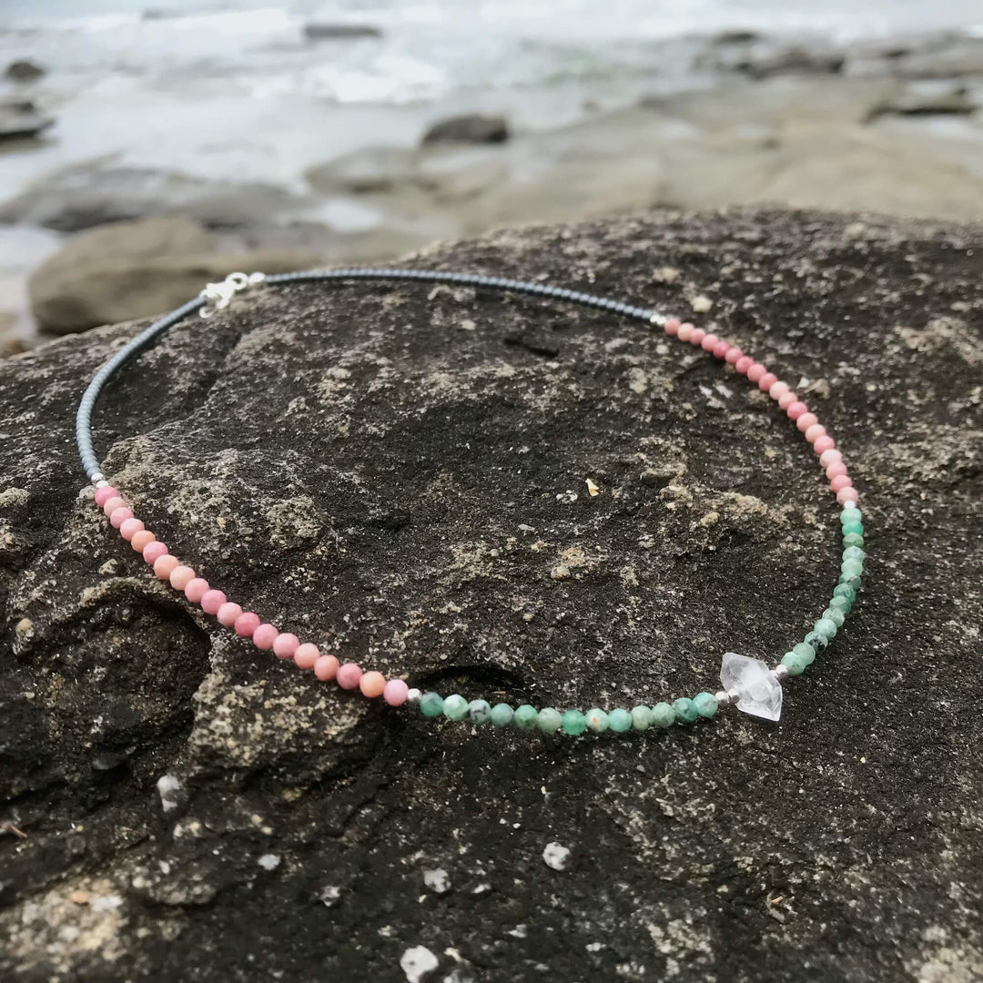 Rhodonite Emerald and Herkimer healing Necklace