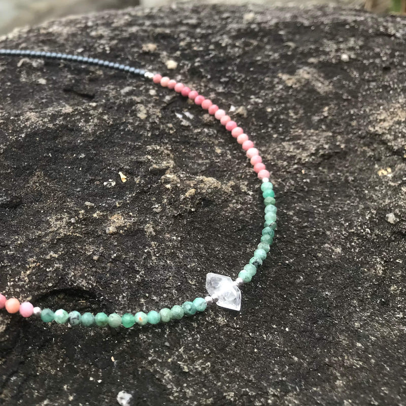 Rhodonite Emerald and Herkimer healing crystal Necklace