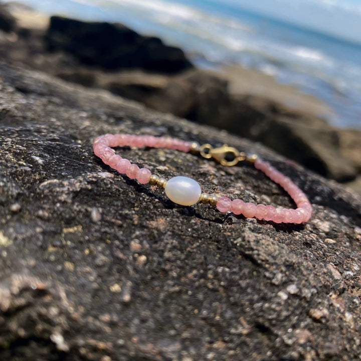 Rhodonite & pearl Gold Ladies Crystal Bracelet