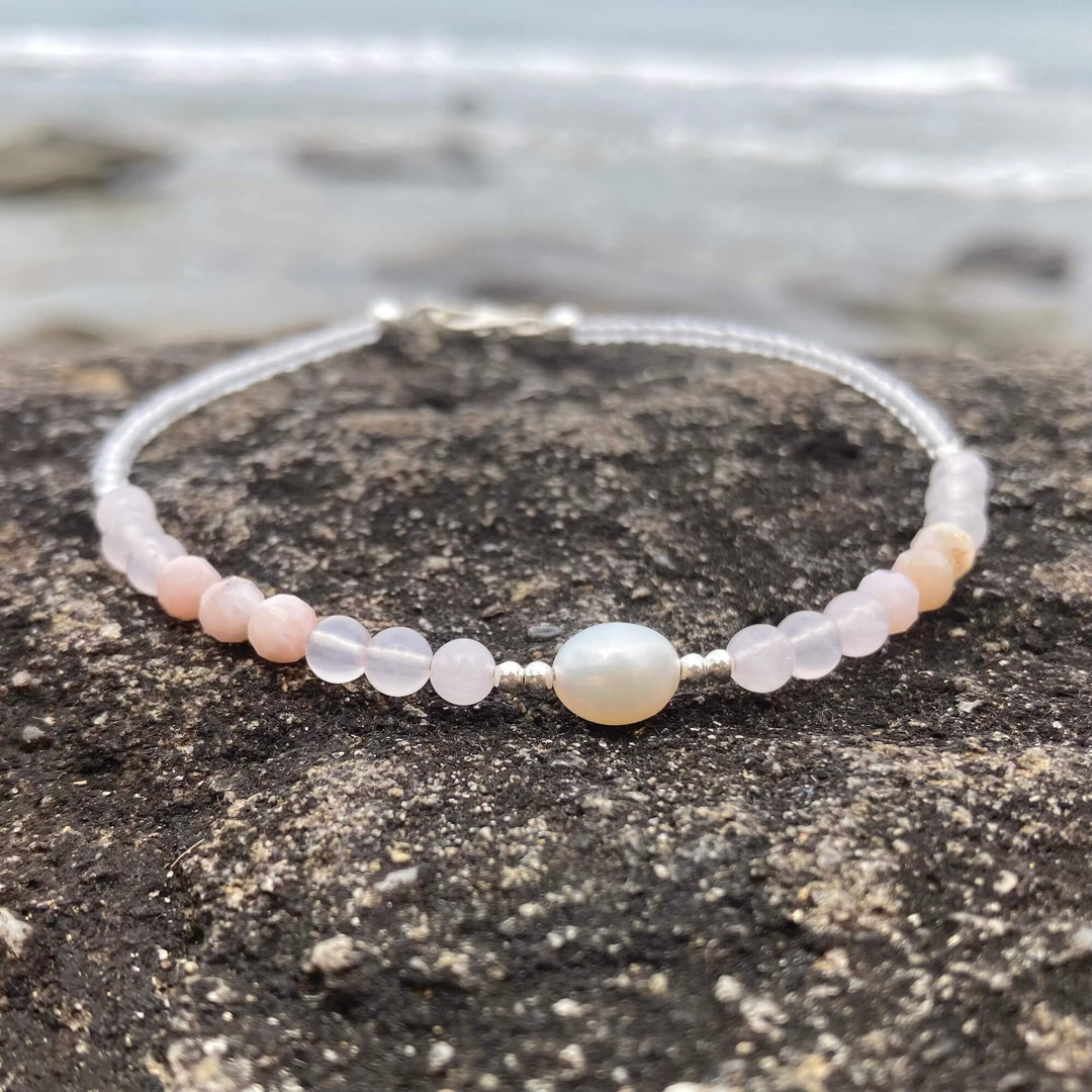 Pink Opal, Rose Quartz & Pearl crystal healing Anklet